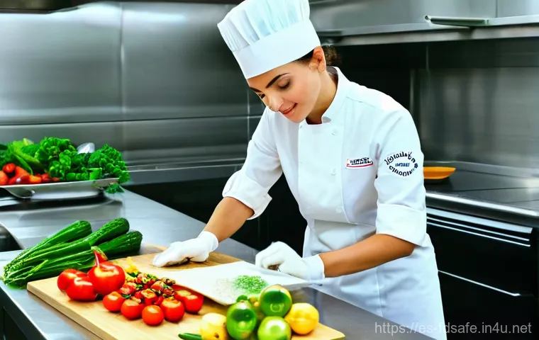 식품위생사 시험 합격률 분석 - **Professional Food Handler in a Modern Spanish Kitchen:**
"A skilled and focused female food ha...