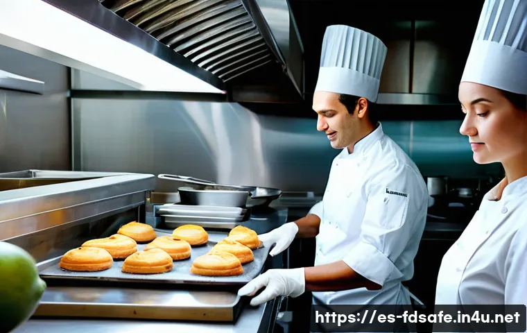 식품위생사 시험일정 및 응시료 정보 - **Prompt:** A bustling, modern commercial kitchen environment. Two adult chefs, one male and one fem...