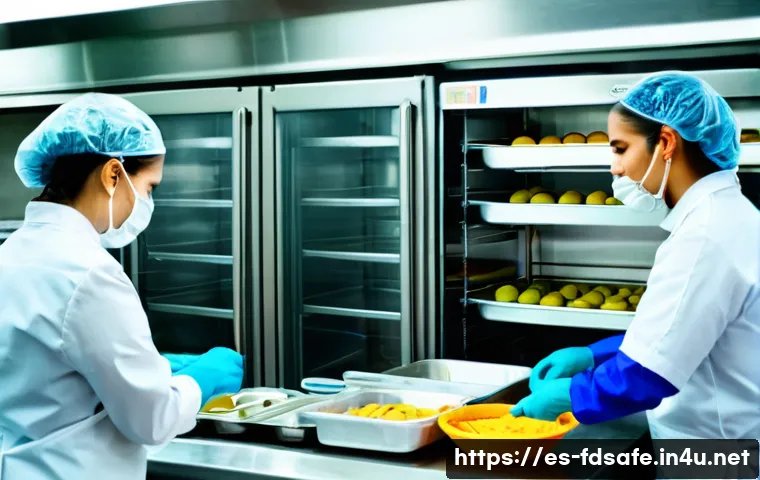식품위생사 시험 후기 공유 - A professional kitchen scene in a Spanish restaurant showing a diverse group of food handlers wearin...