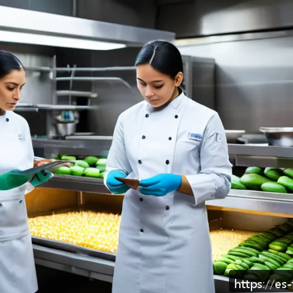 식품위생사와 식품공학자의 협업 사례 - A modern commercial kitchen scene in a vibrant Mexican restaurant, where a multidisciplinary team of...
