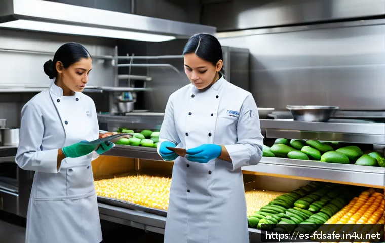 식품위생사와 식품공학자의 협업 사례 - A modern commercial kitchen scene in a vibrant Mexican restaurant, where a multidisciplinary team of...