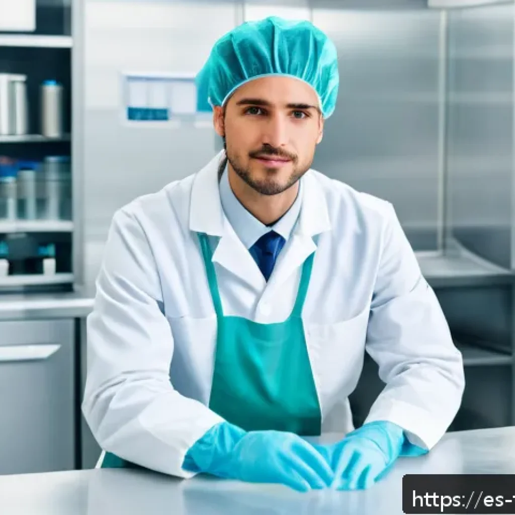 식품위생사 직업 만족도 조사 - A modern food hygiene professional working attentively in a bright, clean laboratory environment wit...