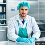 식품위생사 직업 만족도 조사 - A modern food hygiene professional working attentively in a bright, clean laboratory environment wit...