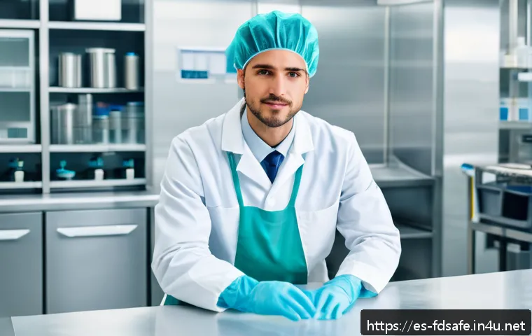식품위생사 직업 만족도 조사 - A modern food hygiene professional working attentively in a bright, clean laboratory environment wit...