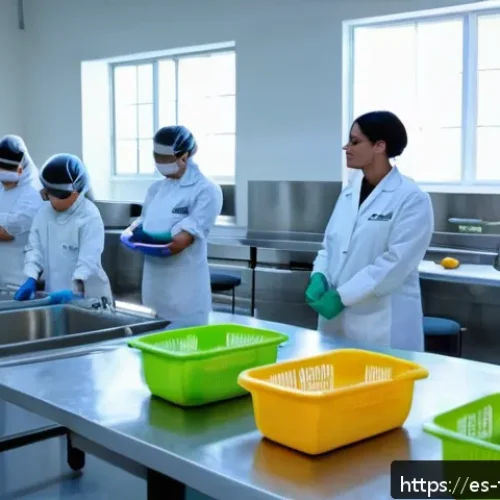 식품위생사 실기 시험 준비법 - A professional food safety training classroom scene set in a modern Spanish culinary school, showing...