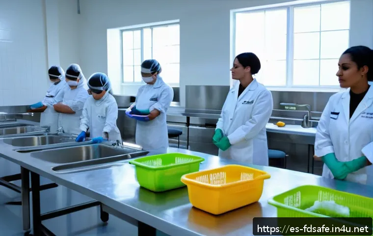 식품위생사 실기 시험 준비법 - A professional food safety training classroom scene set in a modern Spanish culinary school, showing...