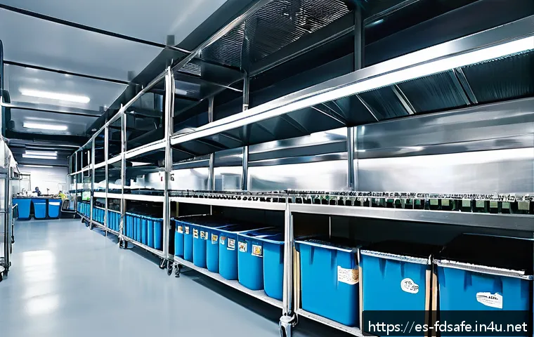 식품위생사 실무에서 자주 쓰는 기술 - A modern food processing plant interior showing a well-organized and spotless workspace with clearly...