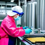 식품위생사와 식품기술 전문가의 차이 - A professional food hygiene technician wearing protective clothing, gloves, and a mask, carefully in...