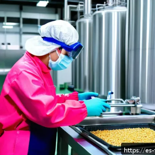 식품위생사와 식품기술 전문가의 차이 - A professional food hygiene technician wearing protective clothing, gloves, and a mask, carefully in...