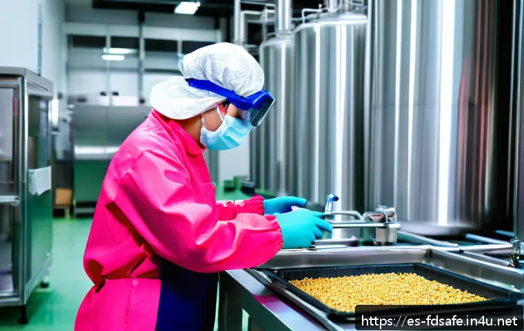 식품위생사와 식품기술 전문가의 차이 - A professional food hygiene technician wearing protective clothing, gloves, and a mask, carefully in...