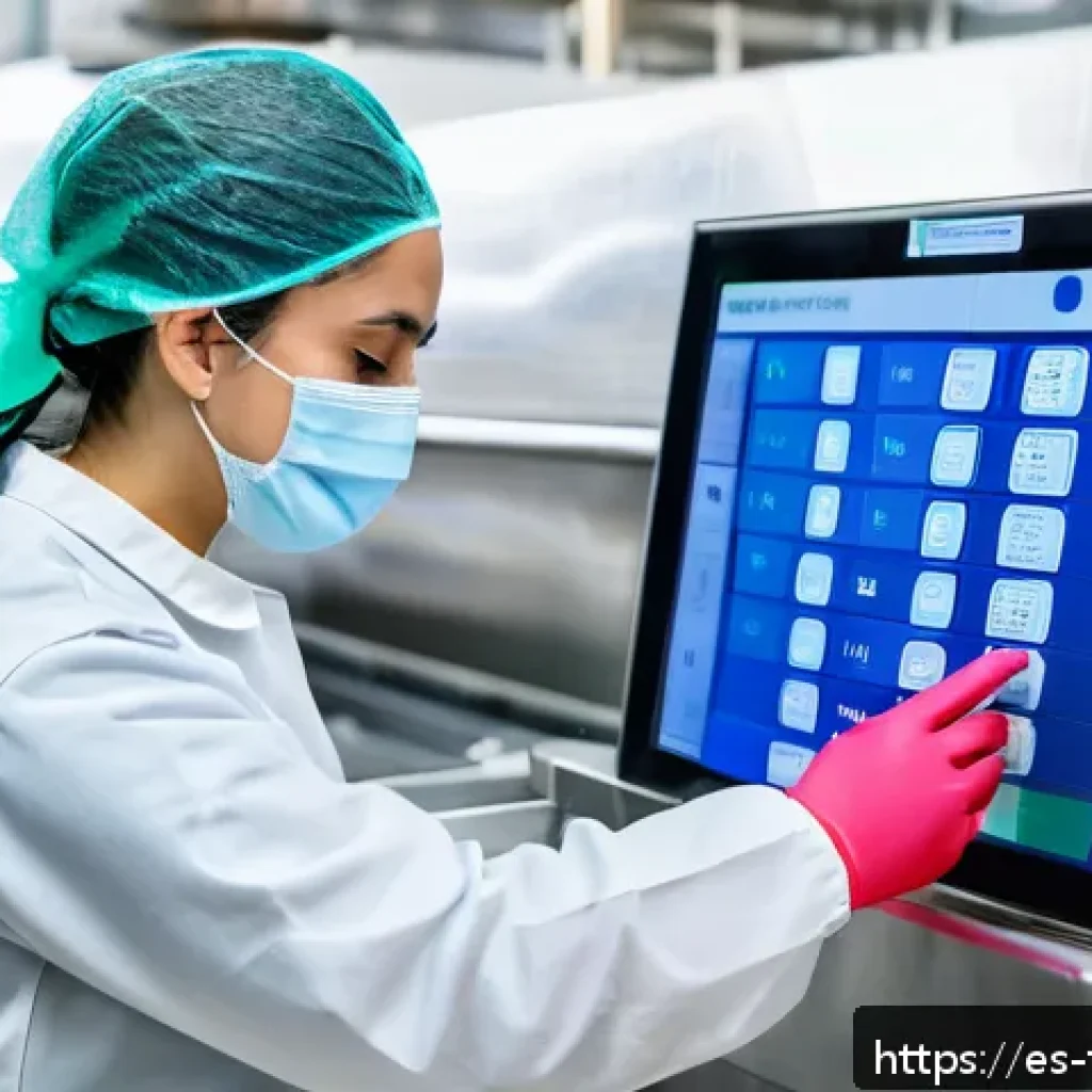 식품위생사 업무 환경과 전망 - A professional food hygiene technician wearing clean, modern work attire including gloves and a face...