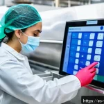 식품위생사 업무 환경과 전망 - A professional food hygiene technician wearing clean, modern work attire including gloves and a face...