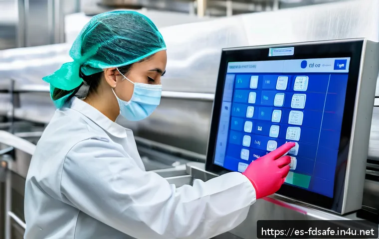 식품위생사 업무 환경과 전망 - A professional food hygiene technician wearing clean, modern work attire including gloves and a face...