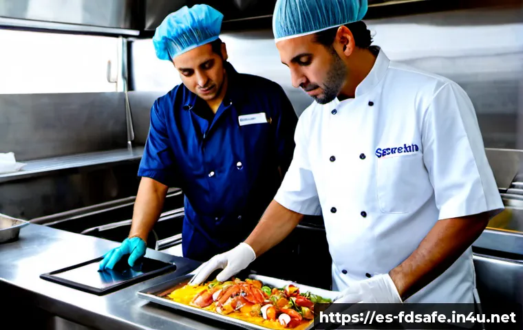 식품위생사 업무사례 분석 - Photorealistic food sanitation inspector in a clean Spanish-speaking city restaurant kitchen, examin...