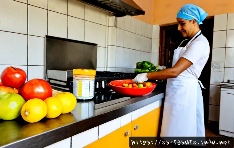 Home 17 식품위생사 자격증으로 할 수 있는 사회 공헌 - Photorealistic community food safety volunteer scene in a bright Spanish neighborhood kitchen, a cer...