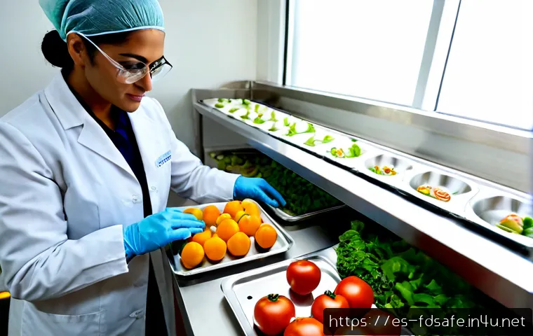 식품위생사 관련 산업 동향 - Photorealistic food safety laboratory in Spain, a Hispanic female food hygiene specialist in clean w...
