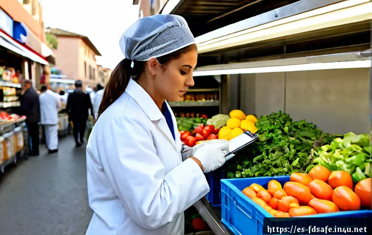 식품위생사 관련 법규 해설 - Photorealistic Spanish food safety inspector wearing a clean white coat, hairnet, and gloves, carefu...